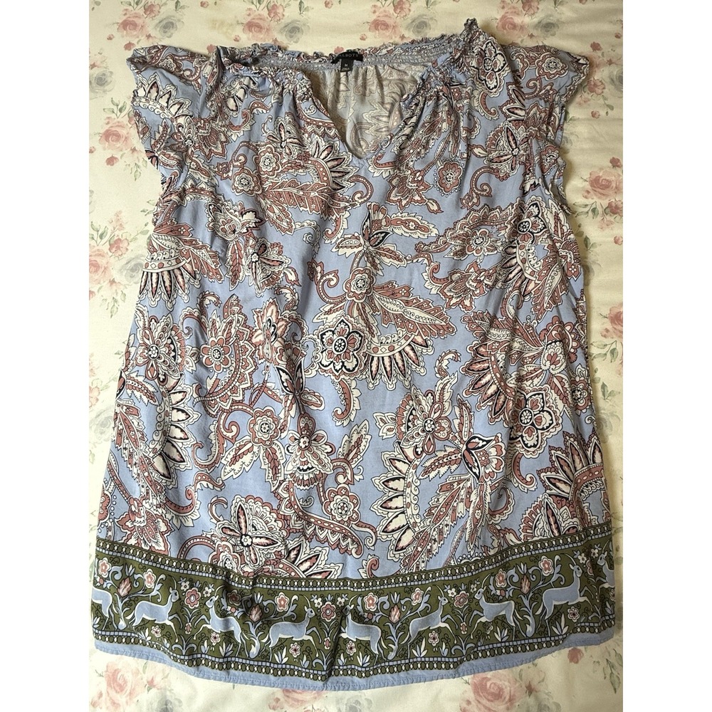 Talbots Women's Top Medium Blue Paisley Floral Short Sleeve Rayon‎ Blouse Boho